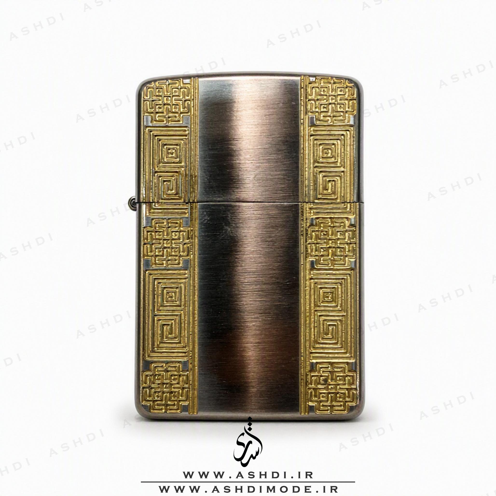 فندک بنزینی زیپو آرمور طرح هندسی یونانی طلایی دودی High Copy | Zippo Armor Greek Key Geometric Gold Gunmetal Lighter