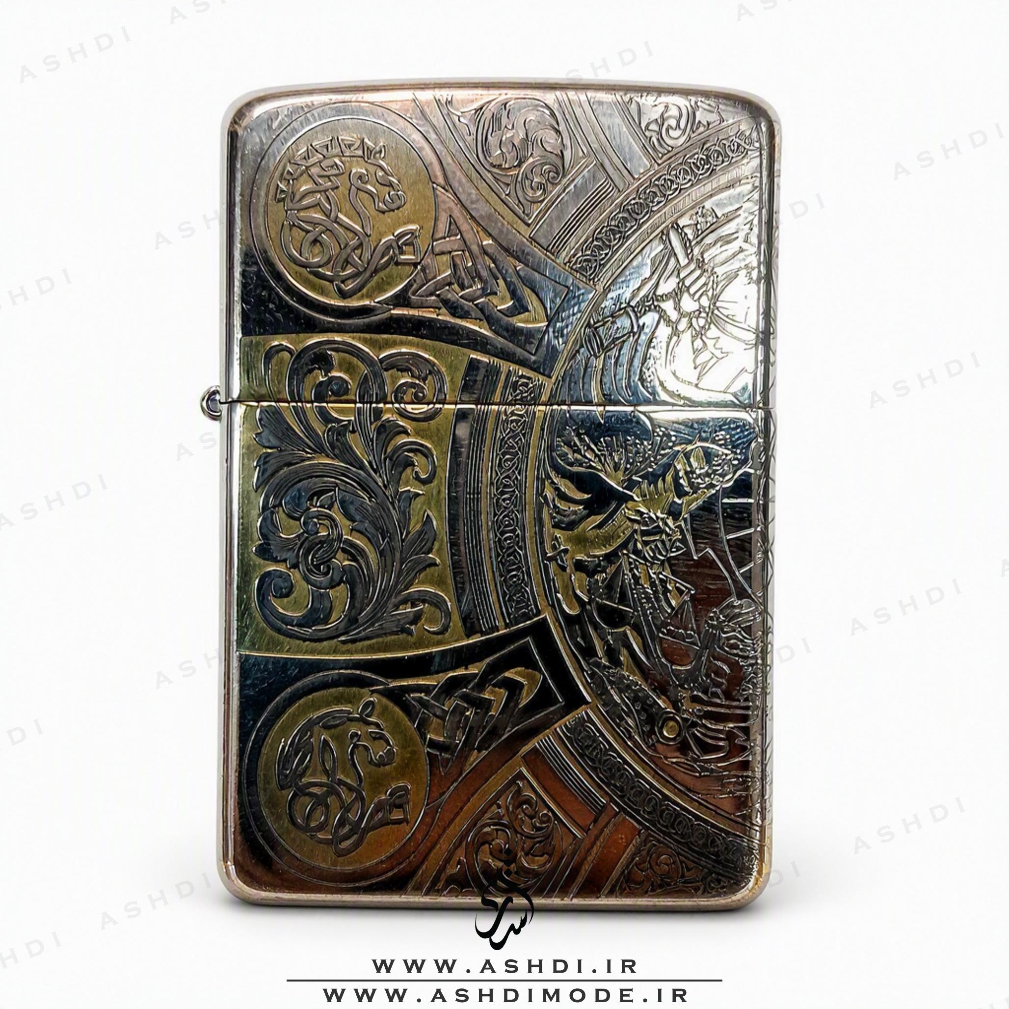 فندک بنزینی زیپو آرمور طرح وایکینگ و نمادهای نورس طلایی نقره‌ای High Copy | Zippo Armor Viking Norse Symbols Gold Silver Lighter