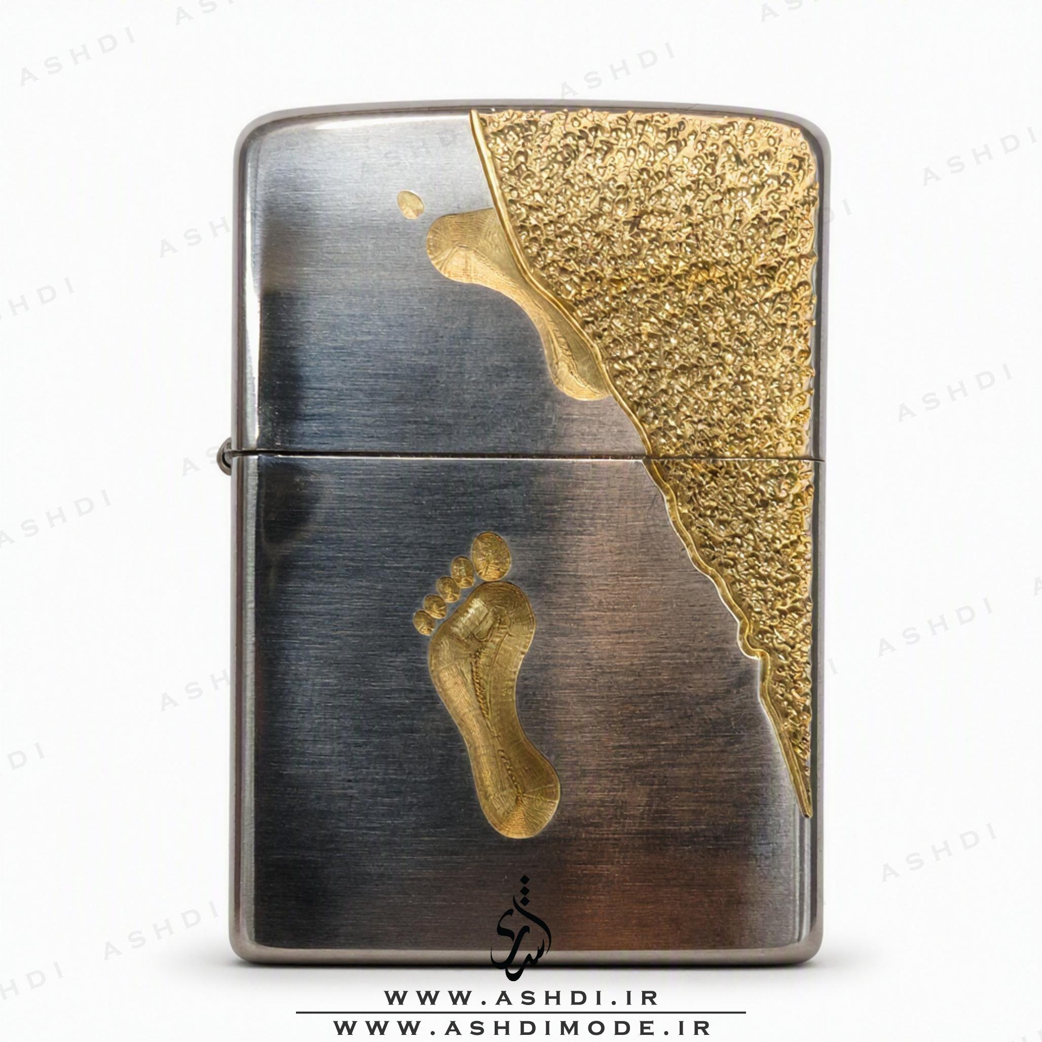 فندک بنزینی زیپو آرمور طرح ردپا روی ساحل طلایی نقره‌ای High Copy | Zippo Armor Footprints on Sand Gold Silver Lighter