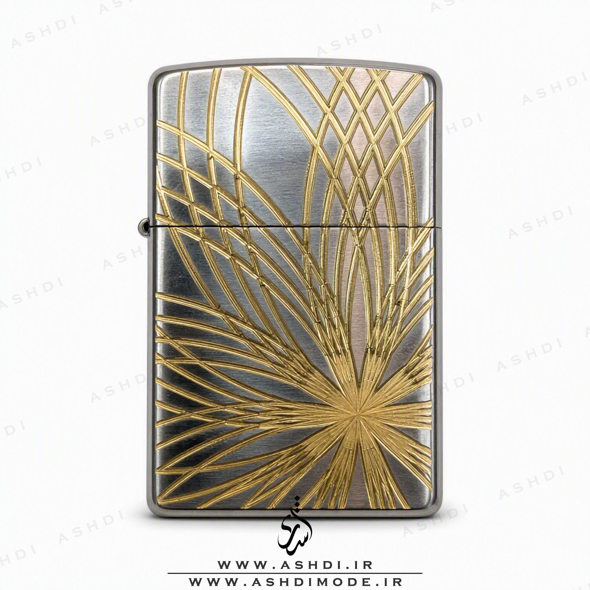 فندک بنزینی زیپو آرمور طرح شعاعی طلایی نقره‌ای High Copy | Zippo Armor Gold Radial Line Silver Lighter