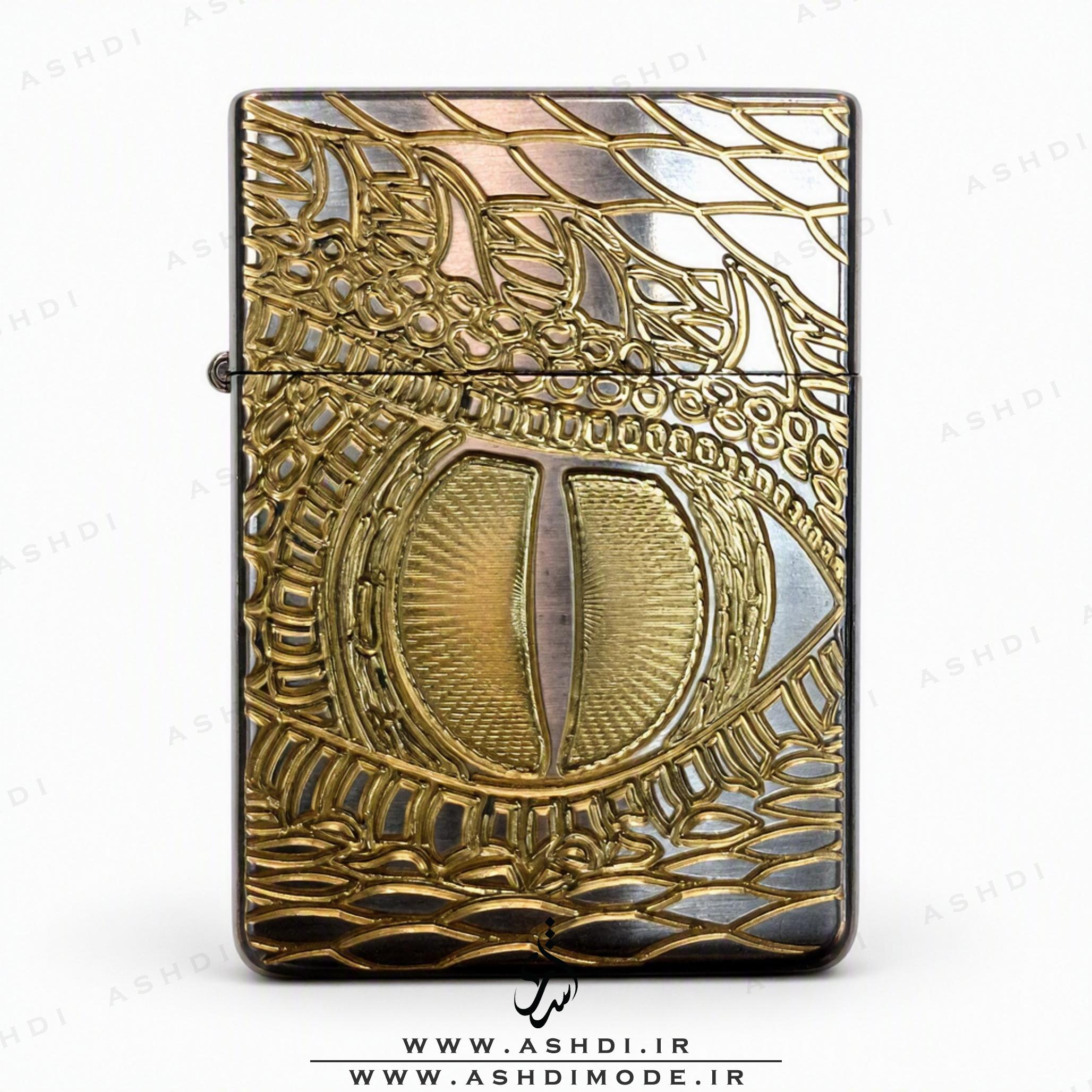 فندک بنزینی زیپو آرمور طرح چشم اژدها طلایی نقره‌ای High Copy | Zippo Armor Dragon Eye Gold Silver Lighter