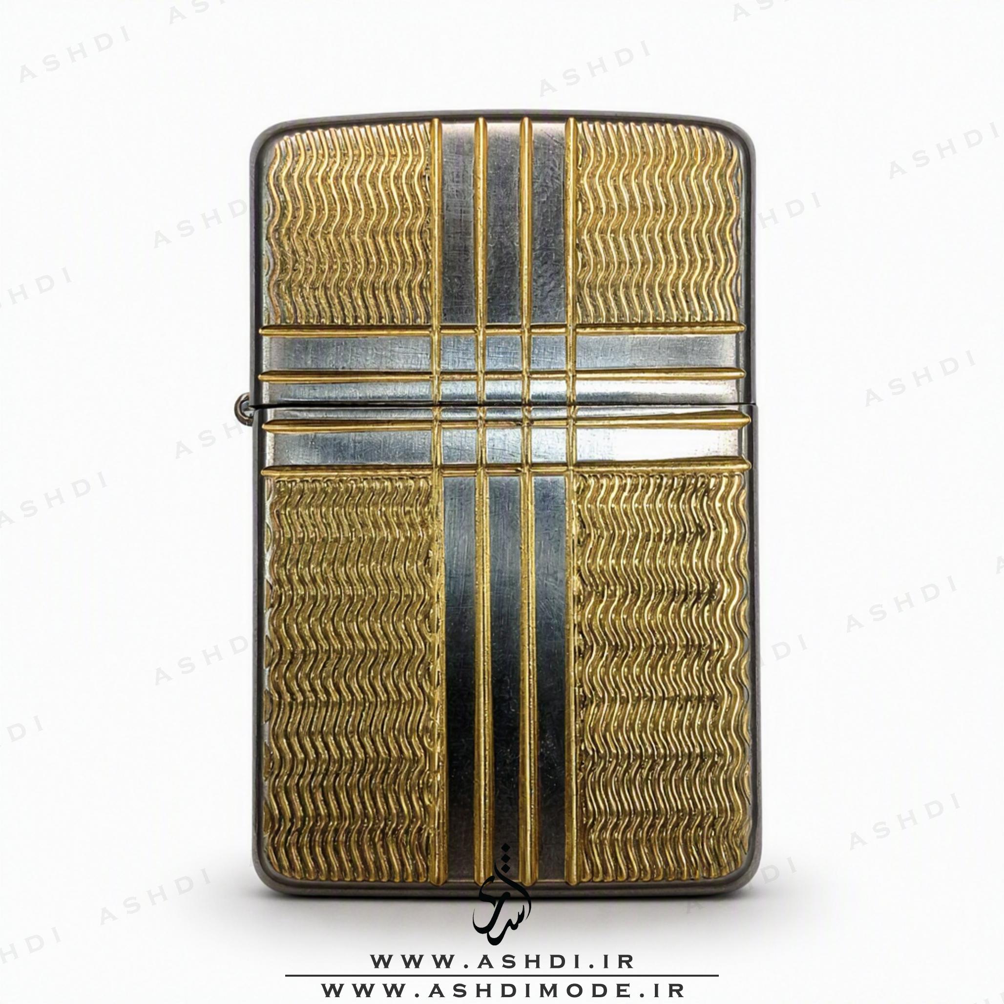 فندک بنزینی زیپو آرمور طرح چهارخانه موج‌دار طلایی نقره‌ای High Copy | Zippo Armor Plaid Wave Gold Silver Lighter