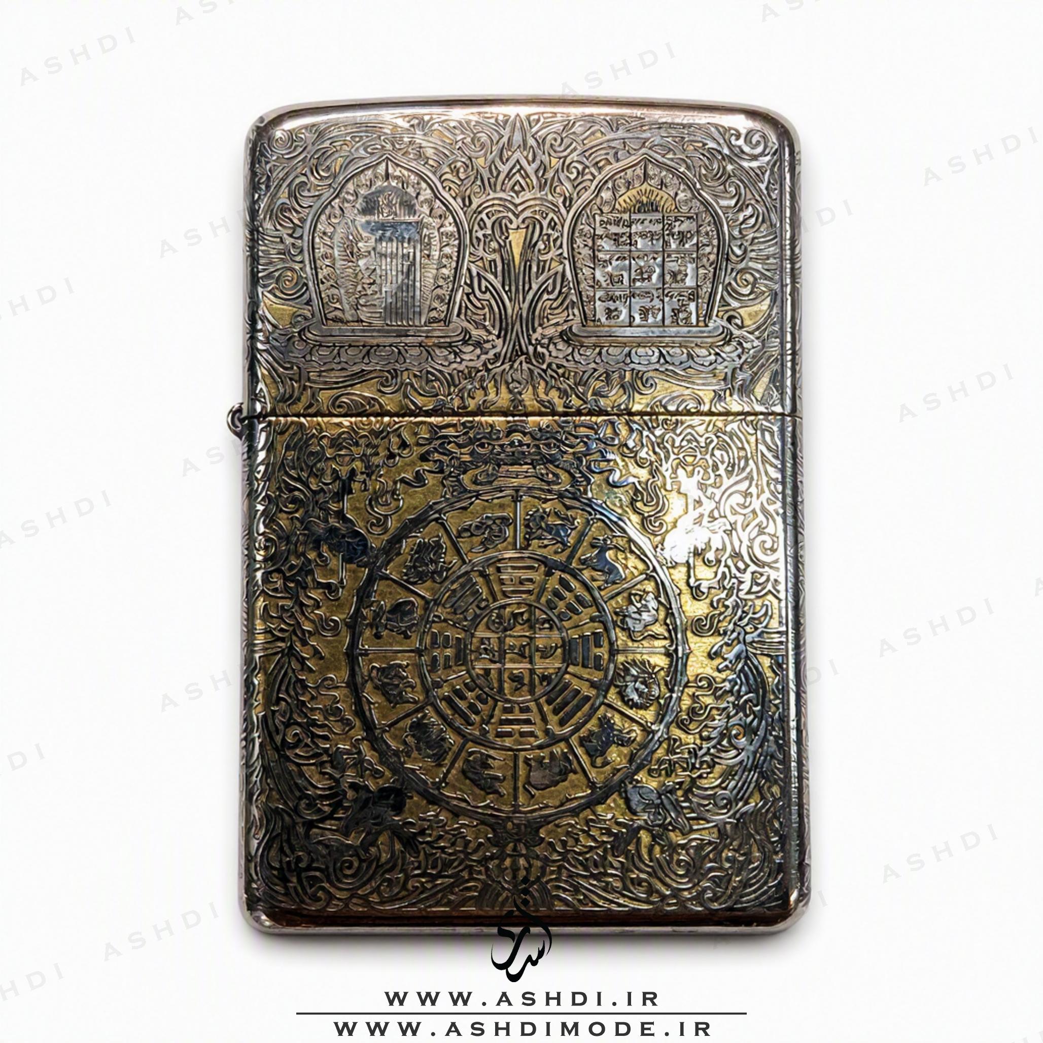فندک بنزینی زیپو آرمور طرح ماندالا و نمادهای بودایی تبتی طلایی نقره‌ای High Copy | Zippo Armor Tibetan Buddhist Mandala Gold Silver Lighter