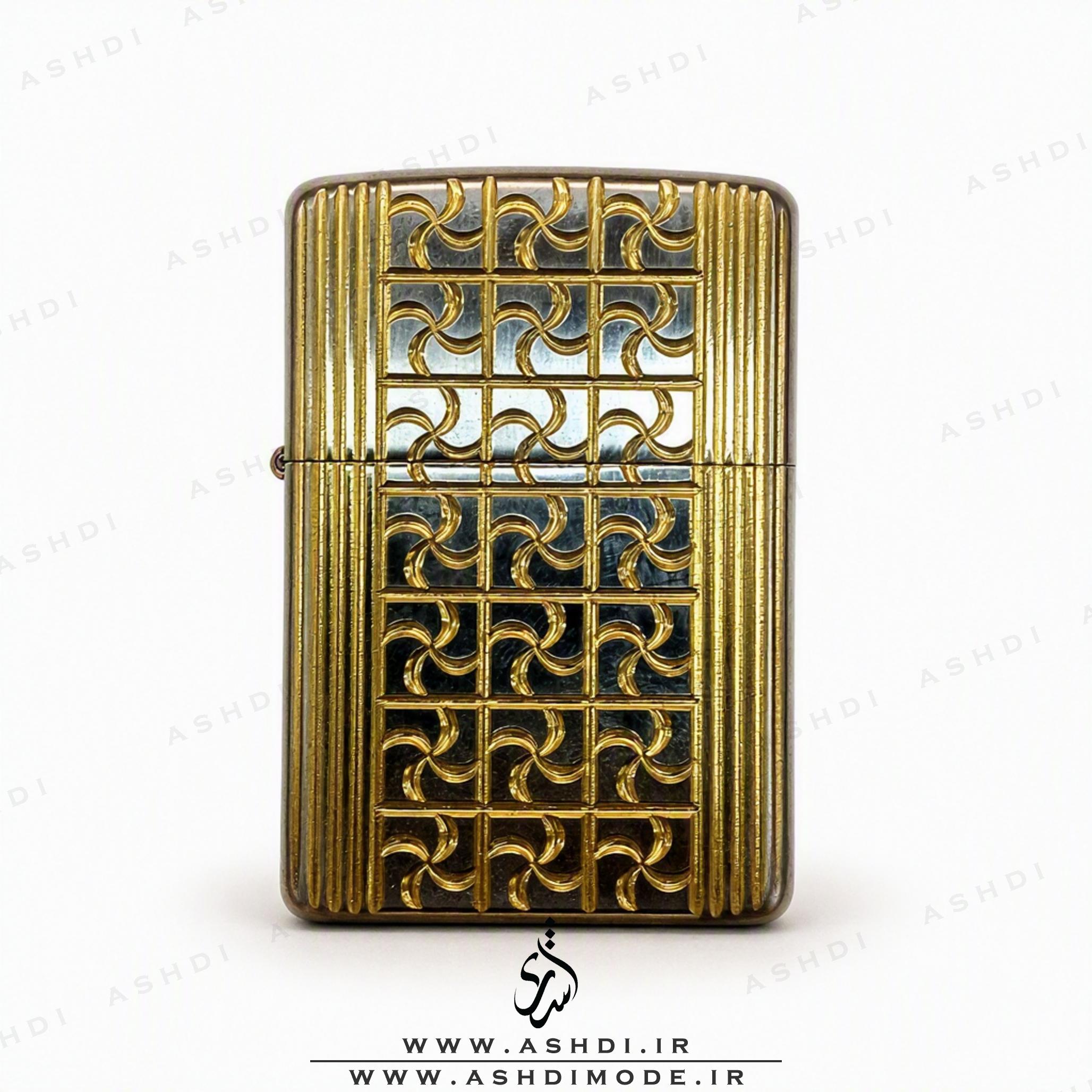 فندک بنزینی زیپو آرمور طرح شبکه چرخشی طلایی نقره‌ای High Copy | Zippo Armor Geometric Pinwheel Grid Gold Silver Lighter