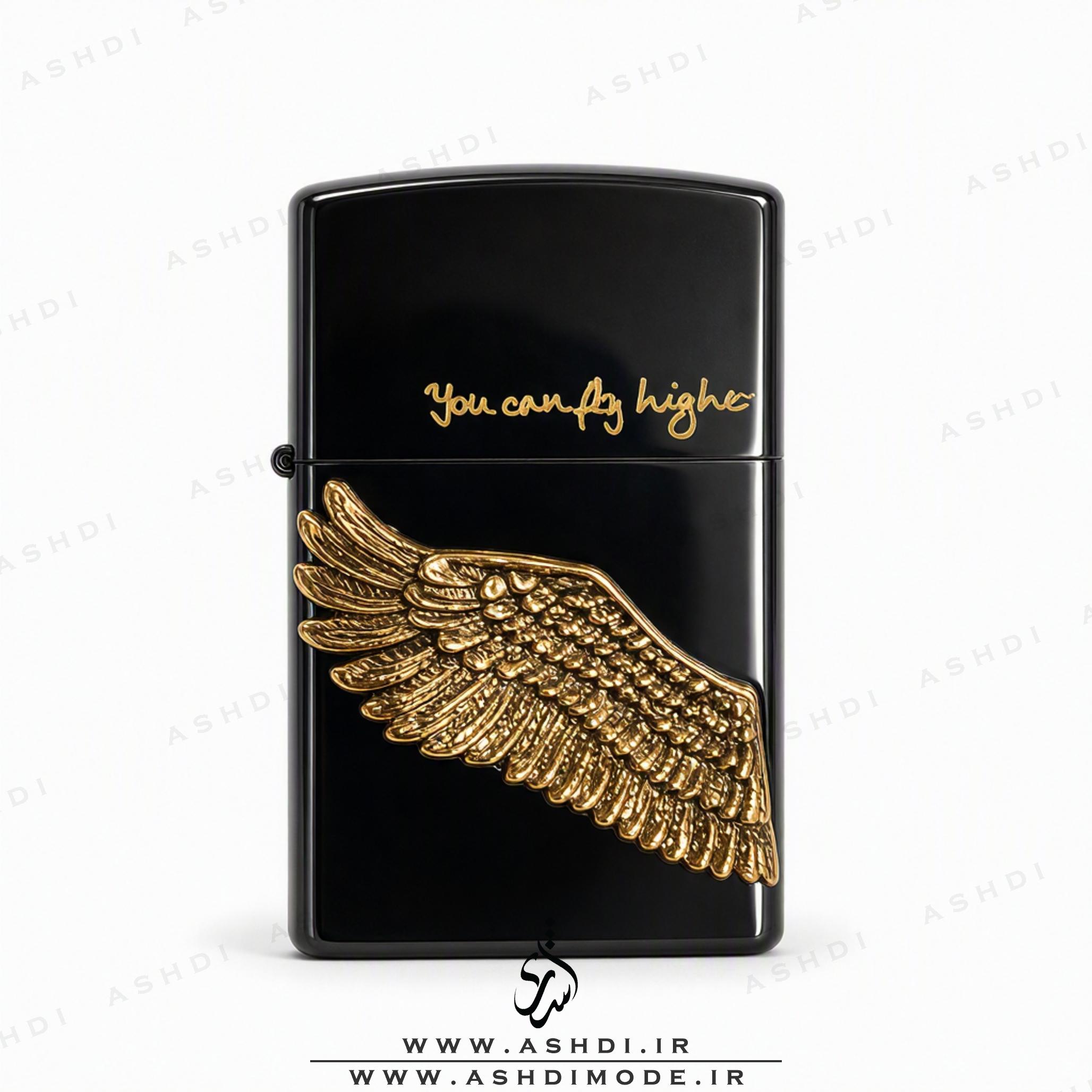 فندک زیپو های کپی مشکی طرح بال طلایی | You Can Fly High Zippo Lighter
