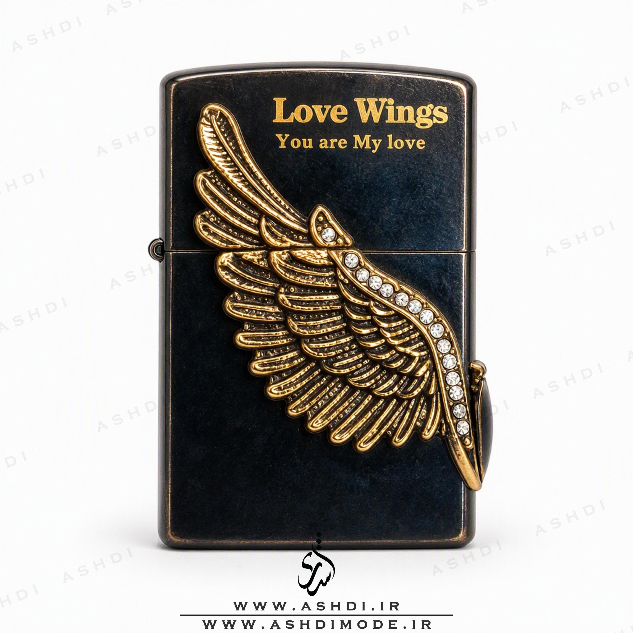 فندک زیپو های کپی مدل طرح بال نگین‌دار طلایی | Love Wing Zippo Lighter